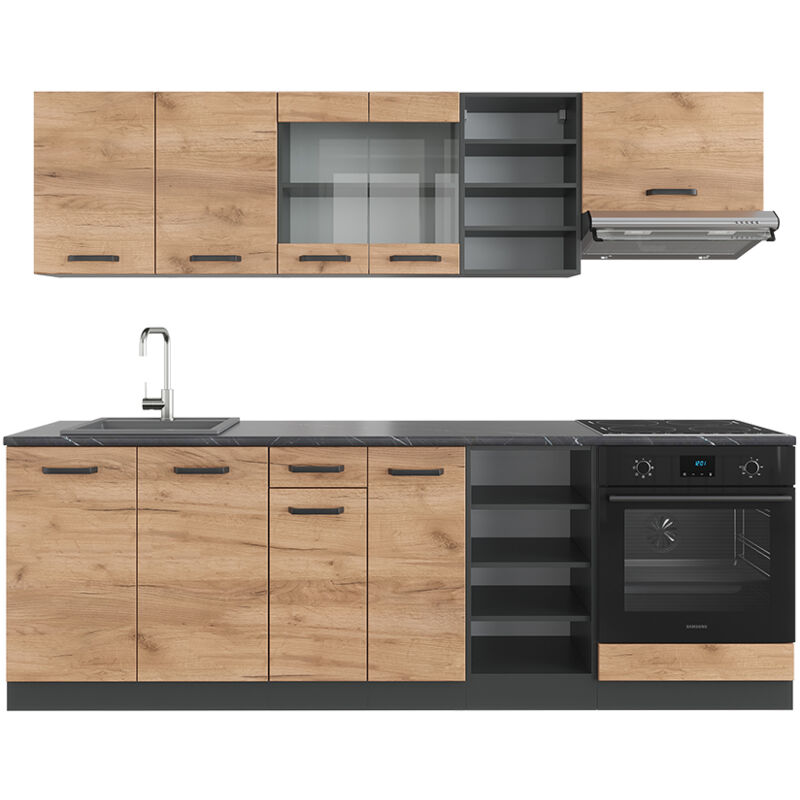 foto del prodotto vicco cucina componibile r line, quercia dorata antracite, 240 cm senza piano di lavoro