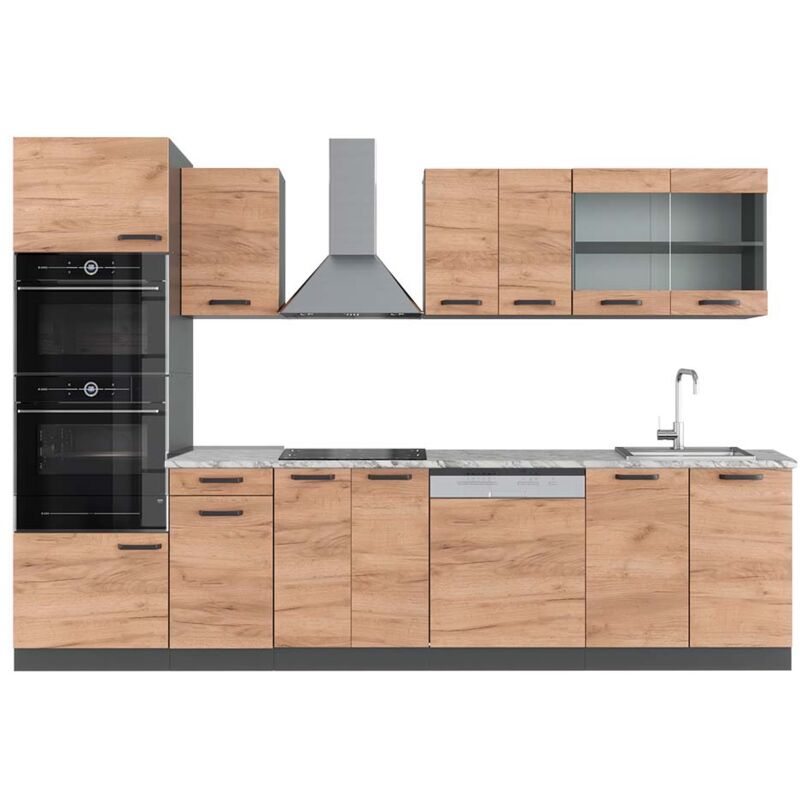 foto del prodotto vicco cucina componibile r line, quercia dorata antracite, 300 cm con armadio alto, pl marmo