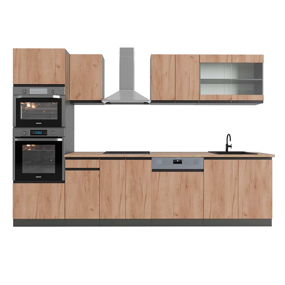 foto del prodotto vicco cucina componibile r line, quercia dorata antracite, 300 cm con armadio alto, pl rovere