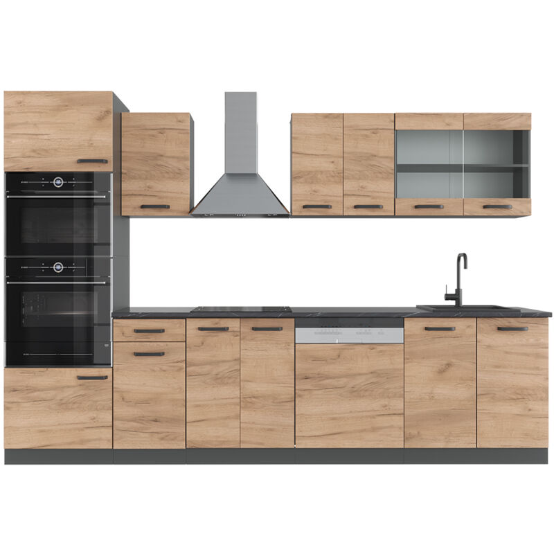 foto del prodotto vicco cucina componibile r line, quercia dorata antracite, 300 cm con armadio alto, senza piano di lavoro
