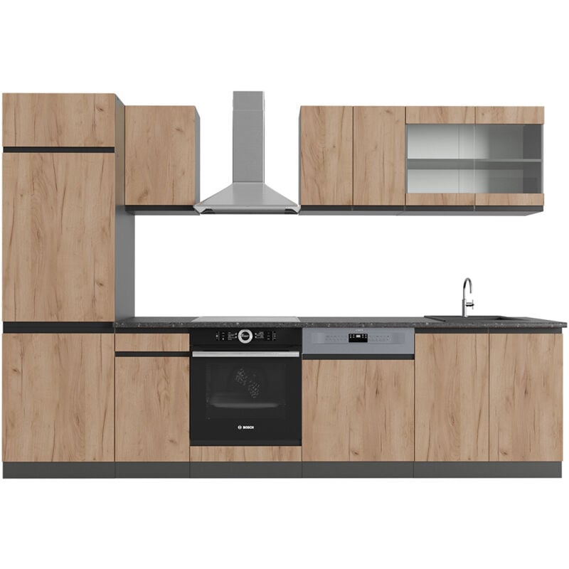 foto del prodotto vicco cucina componibile r line, quercia dorata antracite, 300 cm forma a j