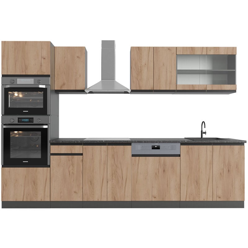 foto del prodotto vicco cucina componibile r line, quercia dorata antracite, 300 cm forma a j, con mobile alto, senza piano di lavoro