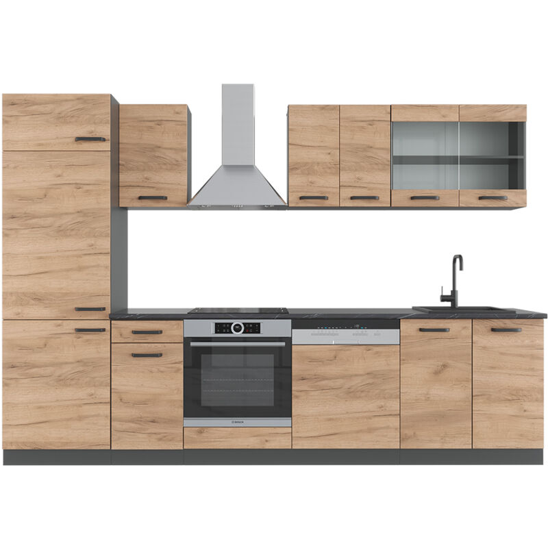 foto del prodotto vicco cucina componibile r line, quercia dorata antracite, 300 cm senza piano di lavoro
