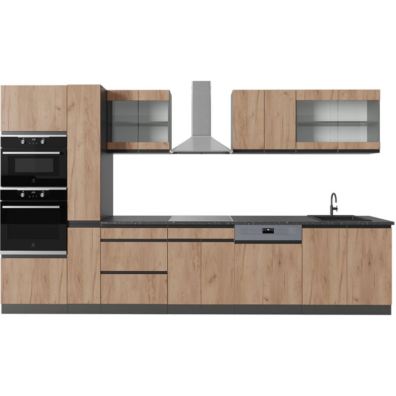 foto del prodotto vicco cucina componibile r line, quercia dorata antracite, 350 cm forma a j, con mobile alto, senza piano di lavoro