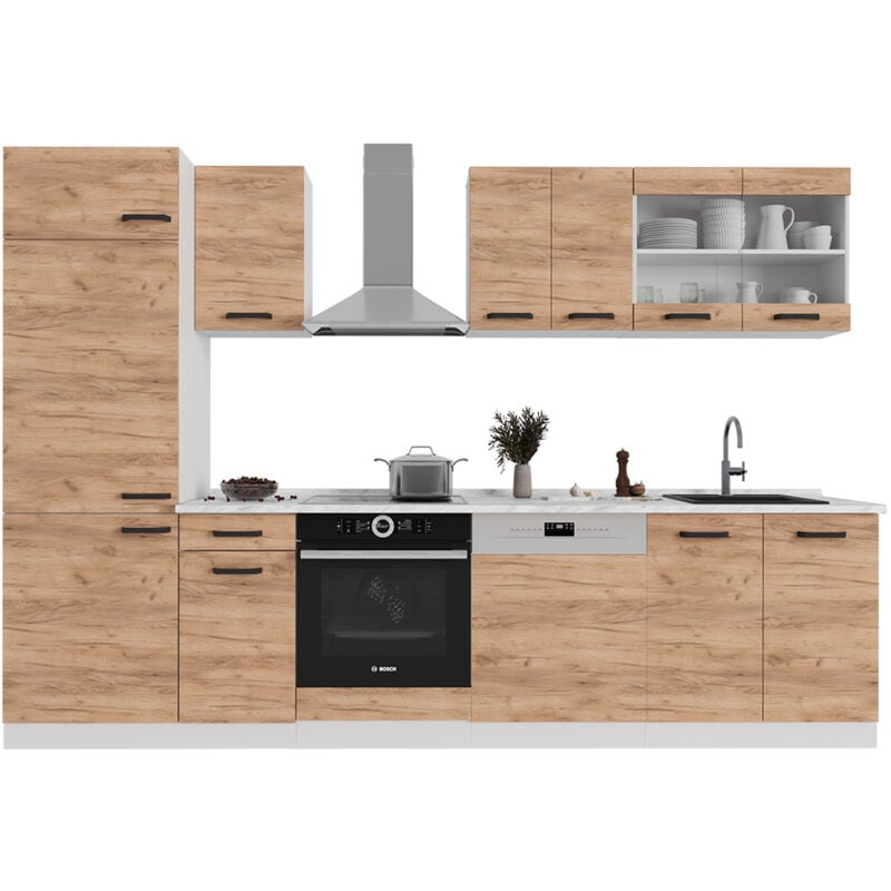 foto del prodotto vicco cucina componibile r line, quercia dorata bianco, 300 cm senza piano di lavoro