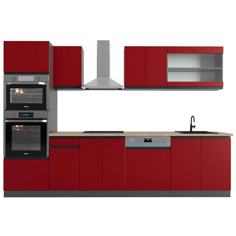 foto del prodotto vicco cucina componibile r line, rosso antracite, 300 cm con armadio alto, pl rovere