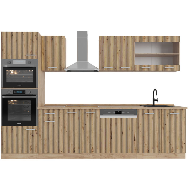 foto del prodotto vicco cucina componibile r line, rovere artigianale rovere goldkraft, 300 cm con armadio alto, senza piano di lavoro