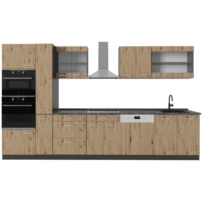 foto del prodotto vicco cucina componibile r line, rovere artigianale rovere goldkraft, 350 cm con armadio alto, senza piano di lavoro