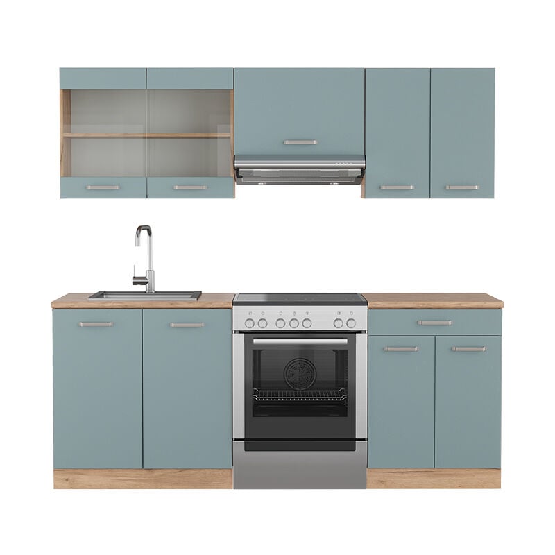 foto del prodotto vicco cucina componibile r line, rovere blu grigio oro, 200 cm senza piano di lavoro