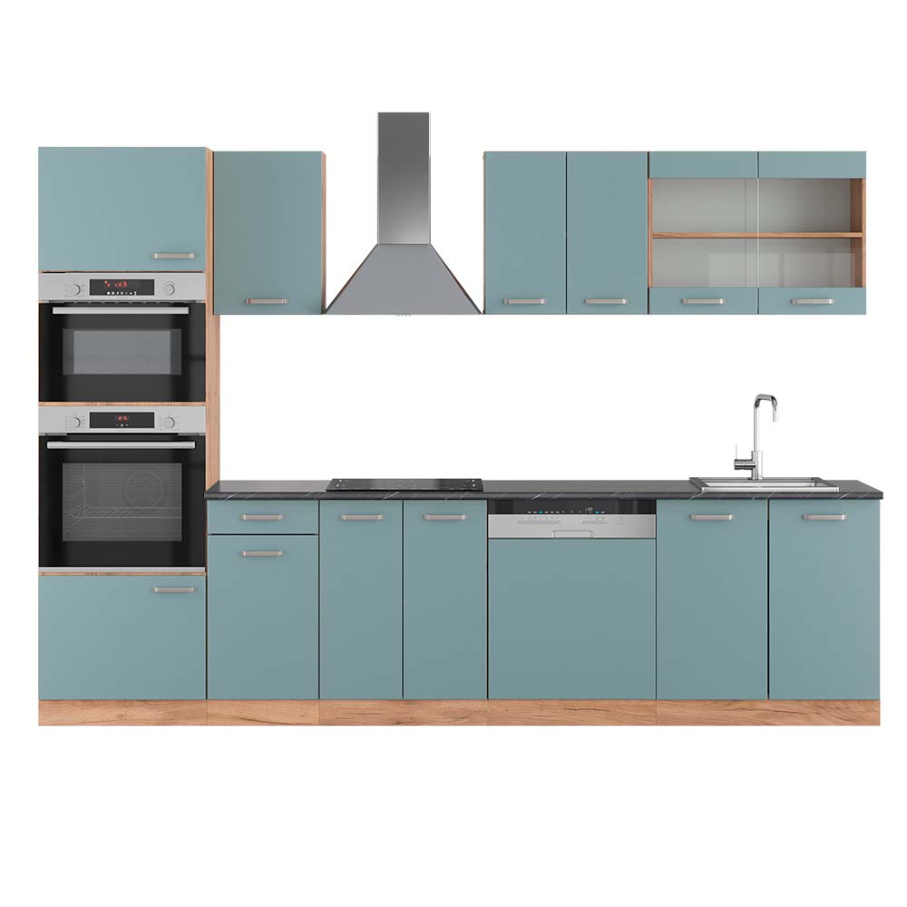 foto del prodotto vicco cucina componibile r line, rovere blu grigio oro, 300 cm con armadio alto, pl antracite