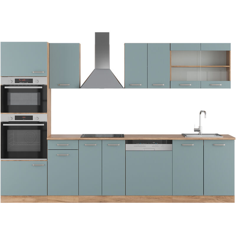 foto del prodotto vicco cucina componibile r line, rovere blu grigio oro, 300 cm con armadio alto, senza piano di lavoro