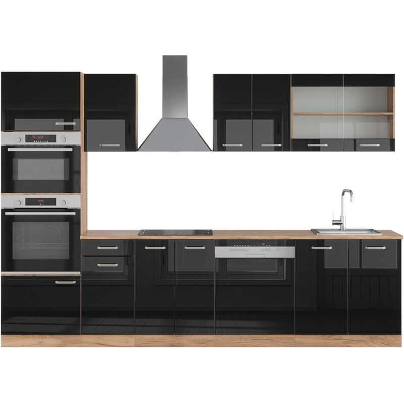 foto del prodotto vicco cucina componibile r line, rovere nero oro lucido, 300 cm con armadio alto, senza piano di lavoro