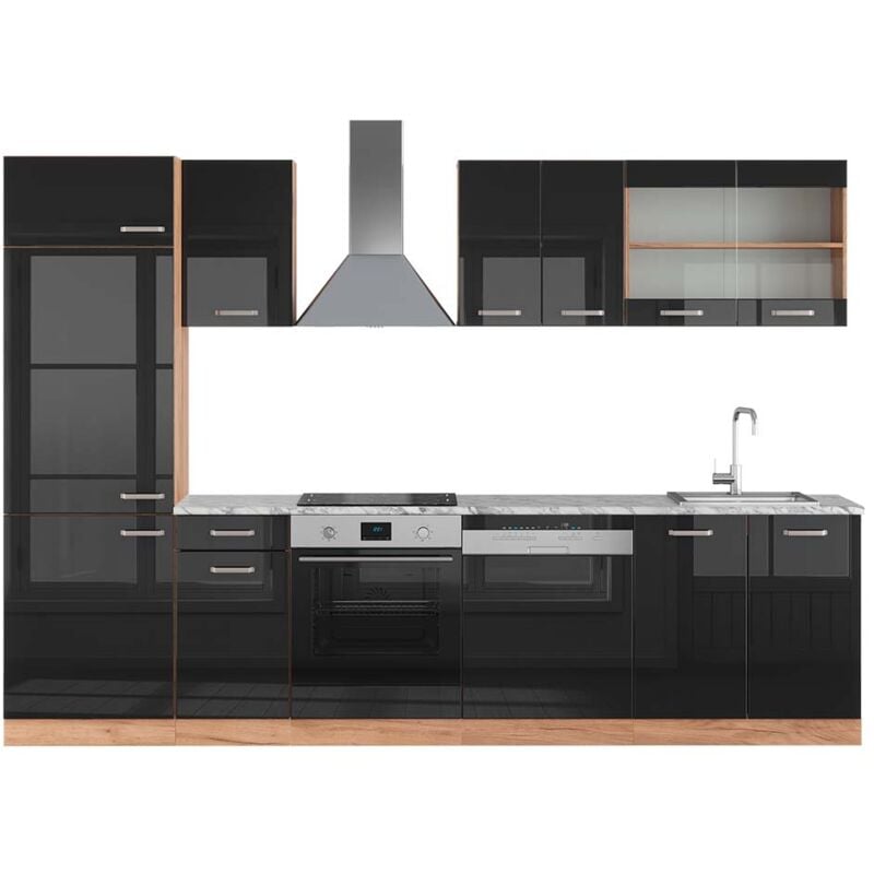 foto del prodotto vicco cucina componibile r line, rovere nero oro lucido, 300 cm , pl marmo