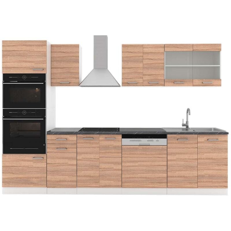 foto del prodotto vicco cucina componibile r line, sonoma bianco, 300 cm con armadio alto, pl antracite
