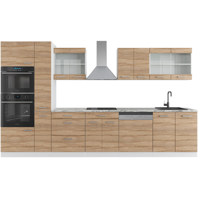 foto del prodotto vicco cucina componibile r line, sonoma bianco, 350 cm con armadio alto, senza piano di lavoro