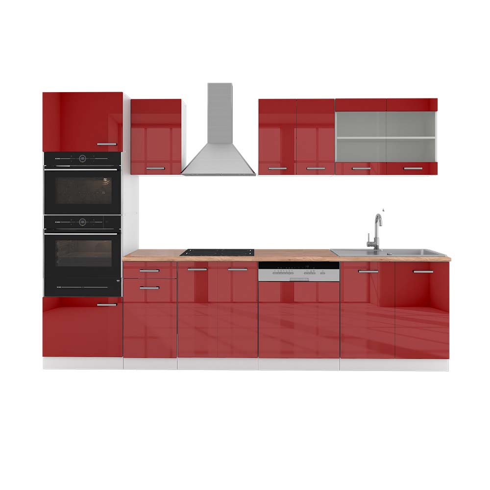 foto del prodotto vicco cucina componibile rosso lucido/bianco 300 cm con armadio alto, pl rovere