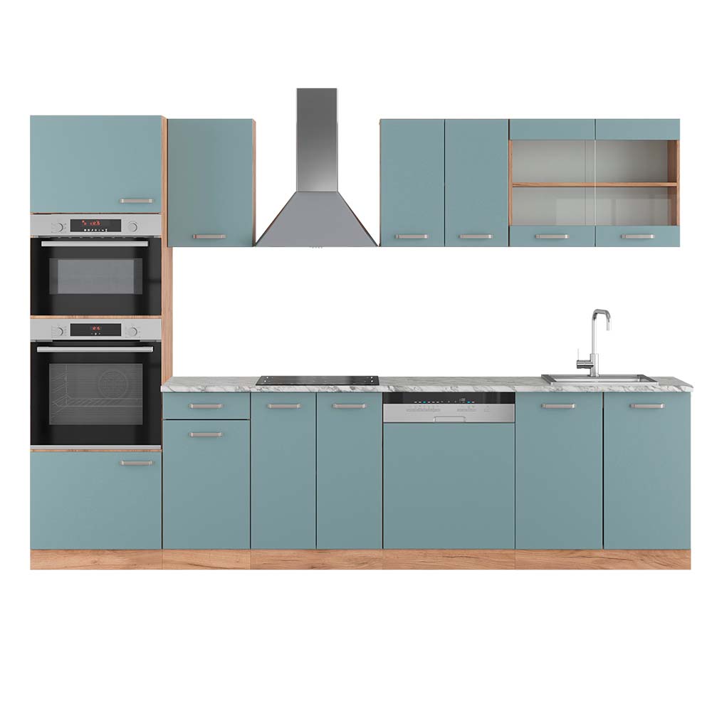 foto del prodotto vicco cucina componibile rovere blu-grigio/oro 300 cm con armadio alto, pl marmo