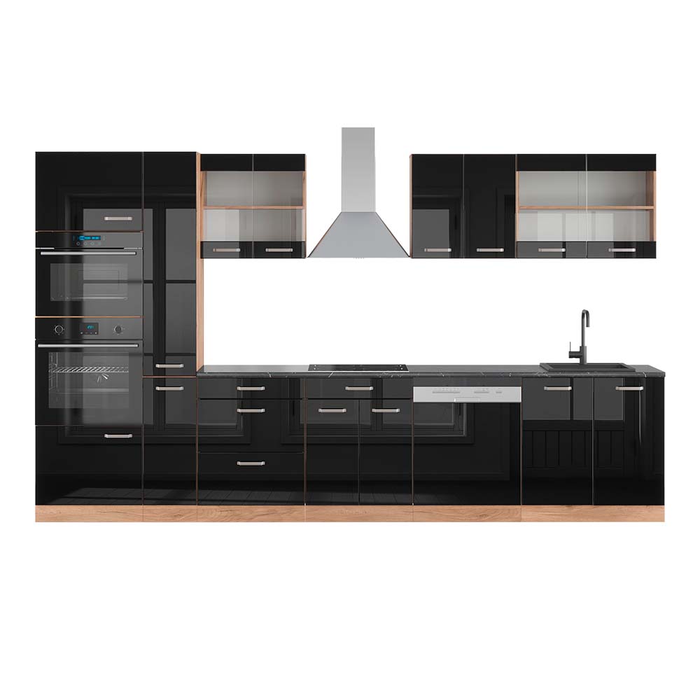 foto del prodotto vicco cucina componibile rovere nero/oro lucido 350 cm con colonna, piano di lavoro antracite