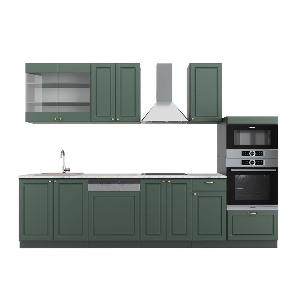 foto del prodotto vicco cucina componibile verde oro country house antracite 300 cm con armadio alto, pl marmo
