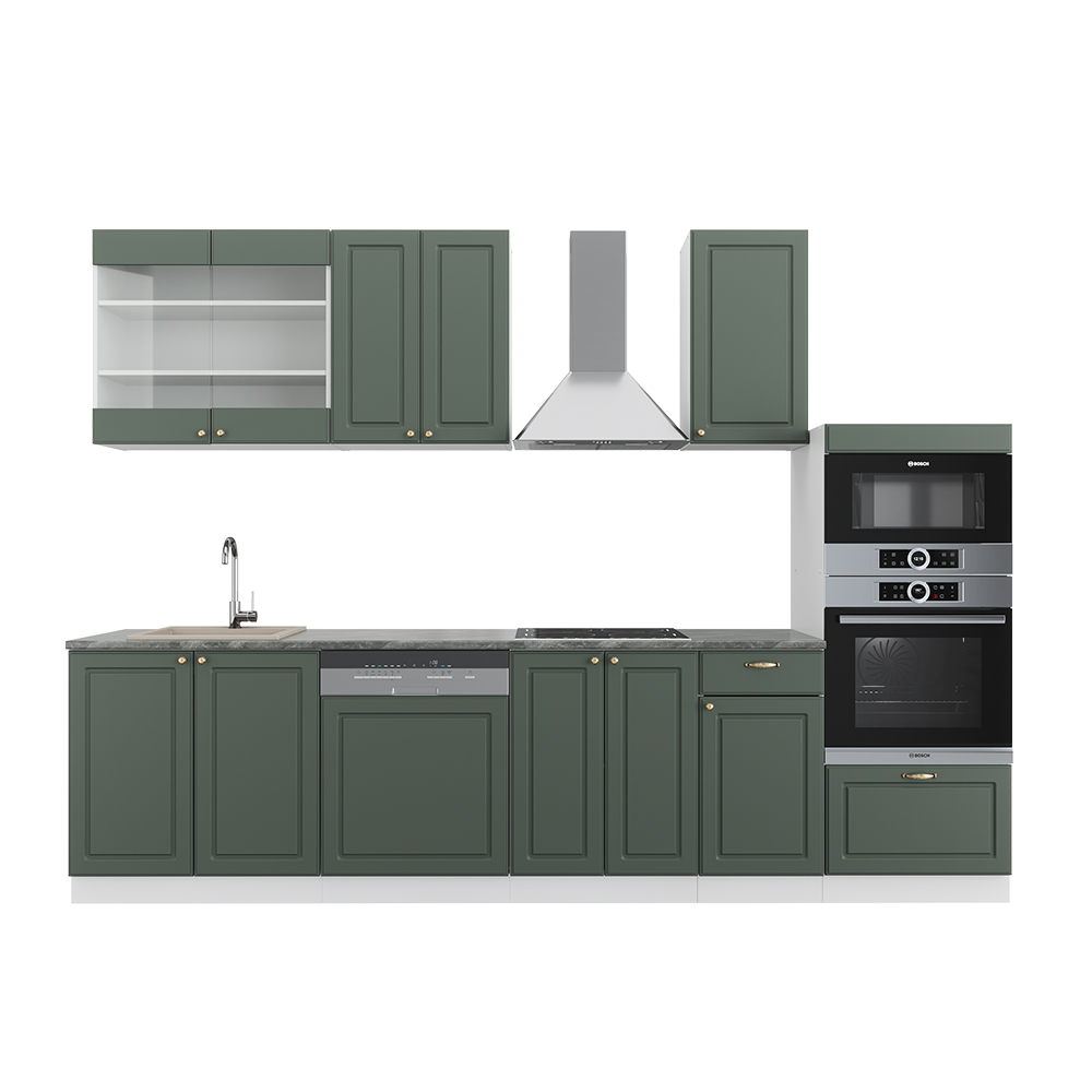 foto del prodotto vicco cucina componibile verde-oro country house/bianco 300 cm con armadio alto, pl antracite