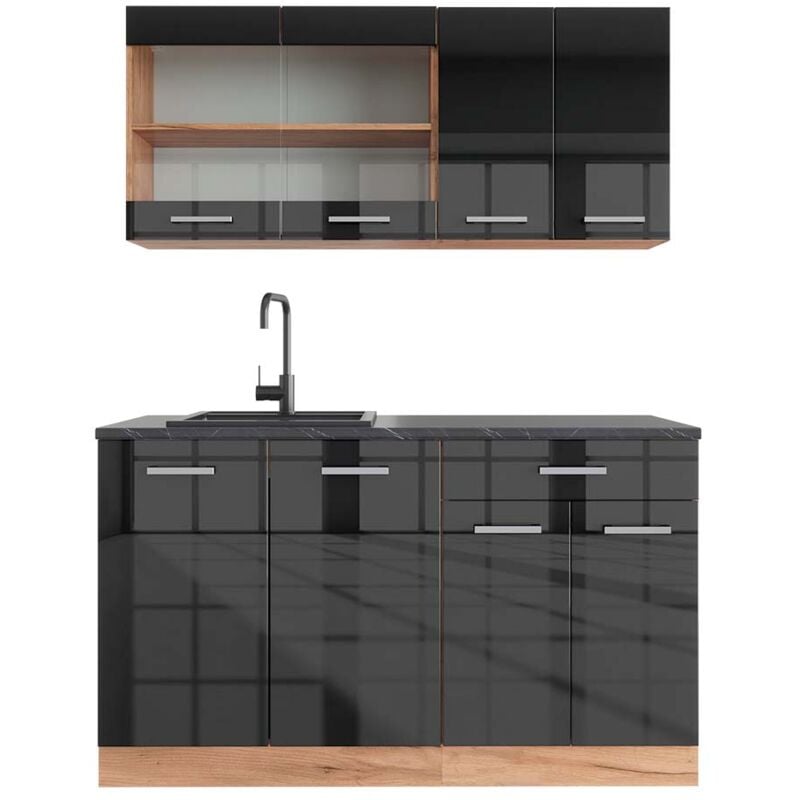 foto del prodotto vicco cucina monoblocco r line, antracite lucido oro power oak, 140 cm , pl antracite