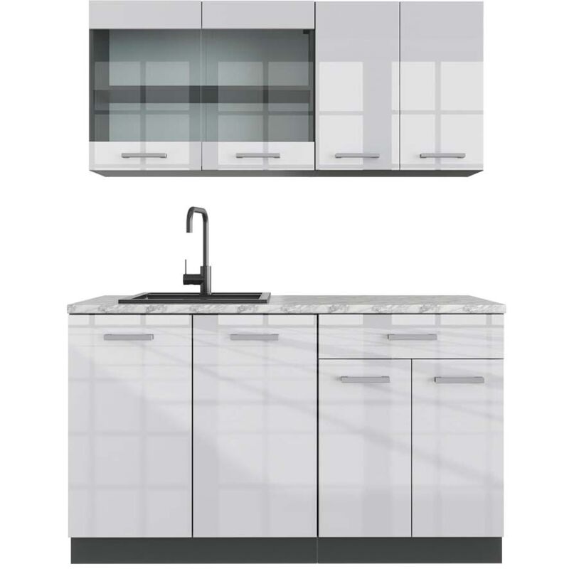 foto del prodotto vicco - cucina monoblocco r-line, bianco lucido/antracite, 140 cm , pl marmo