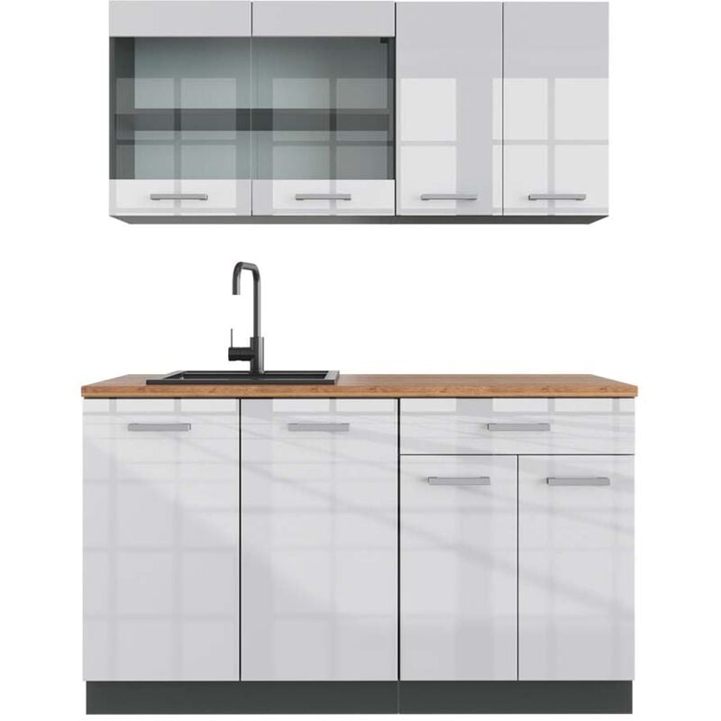 foto del prodotto vicco cucina monoblocco r line, bianco lucido antracite, 140 cm , pl rovere