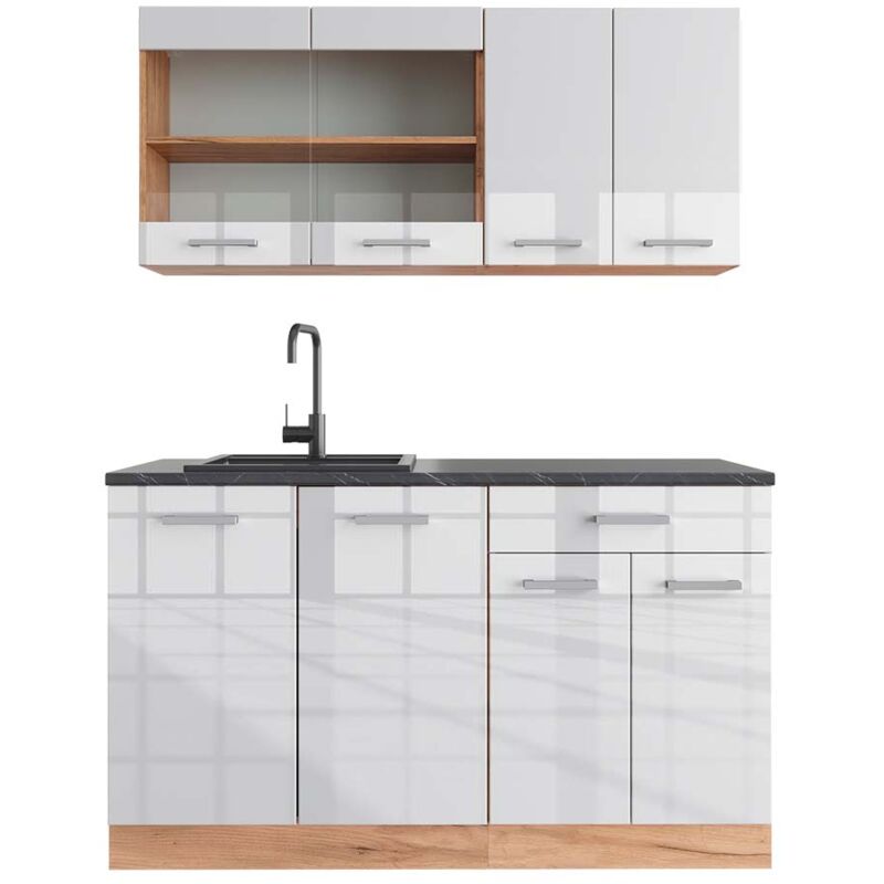 foto del prodotto vicco - cucina monoblocco r-line, bianco lucido/oro power oak, 140 cm , pl antracite