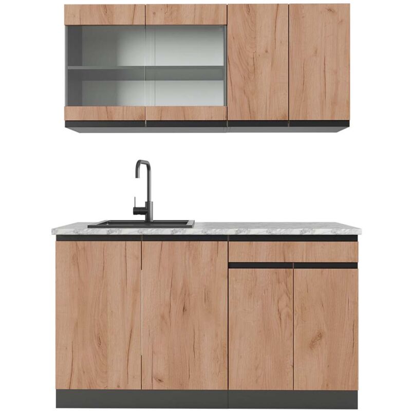 foto del prodotto vicco cucina monoblocco r line, quercia dorata antracite, 140 cm , pl marmo