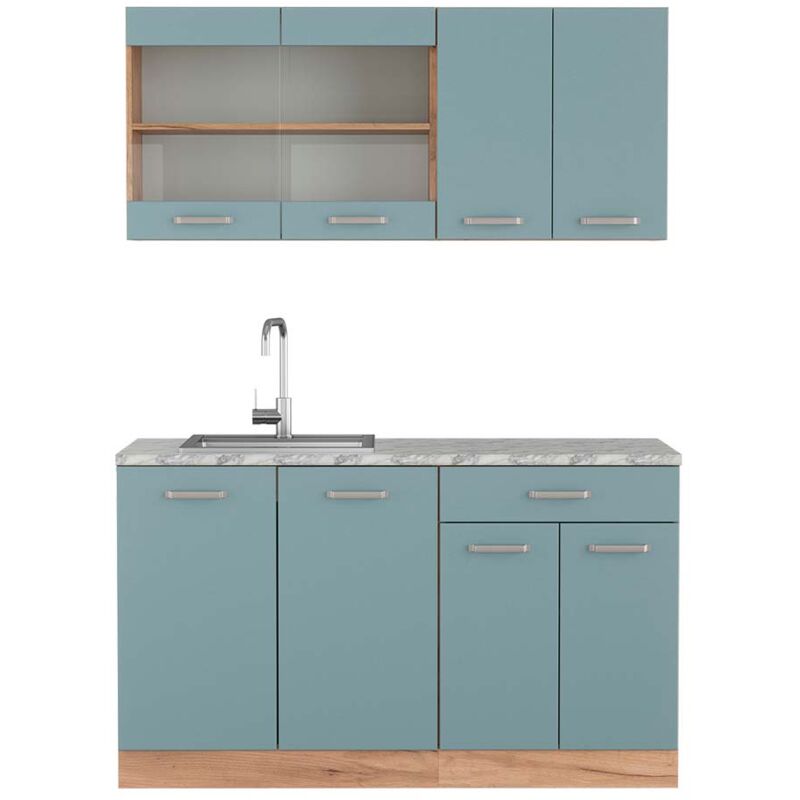 foto del prodotto vicco cucina monoblocco r line, rovere blu grigio oro, 140 cm , pl marmo