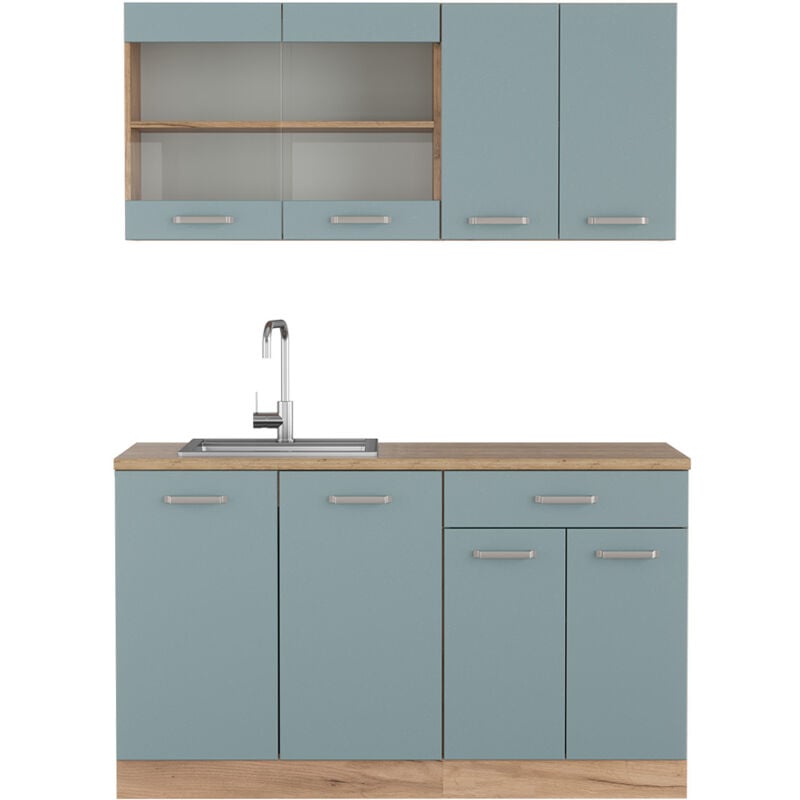 foto del prodotto vicco cucina monoblocco r line, rovere blu grigio oro, 140 cm senza piano di lavoro
