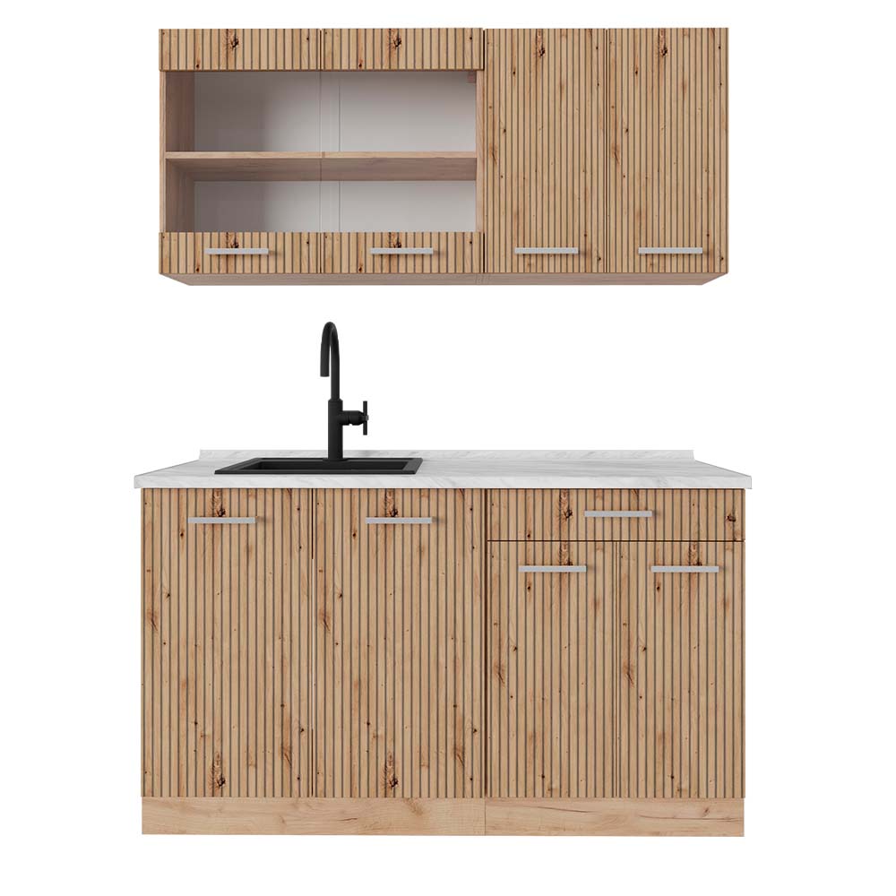 foto del prodotto vicco cucina monoblocco rovere artigianale rovere goldkraft 140 cm , pl marmo