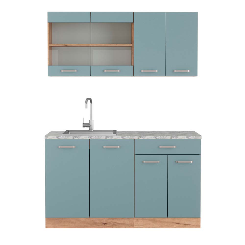 foto del prodotto vicco cucina monoblocco rovere blu grigio oro 140 cm , pl marmo