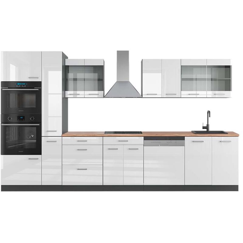 foto del prodotto vicco cucina r line, bianco lucido antracite, 350 cm con armadio alto, pl rovere