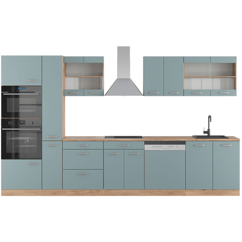 foto del prodotto vicco cucina r line, rovere blu grigio oro, 350 cm con armadio alto, senza piano di lavoro