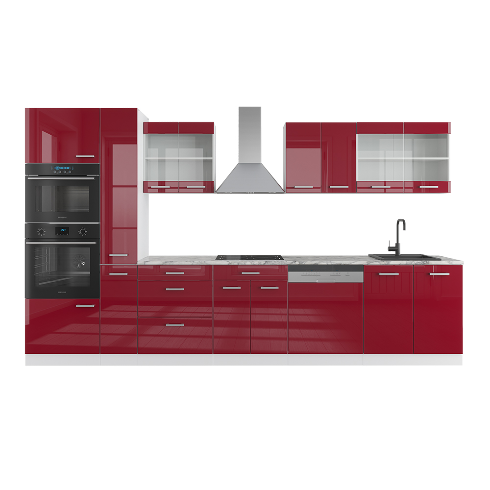 foto del prodotto vicco cucina rosso lucido/bianco 350 cm con armadio alto, pl marmo