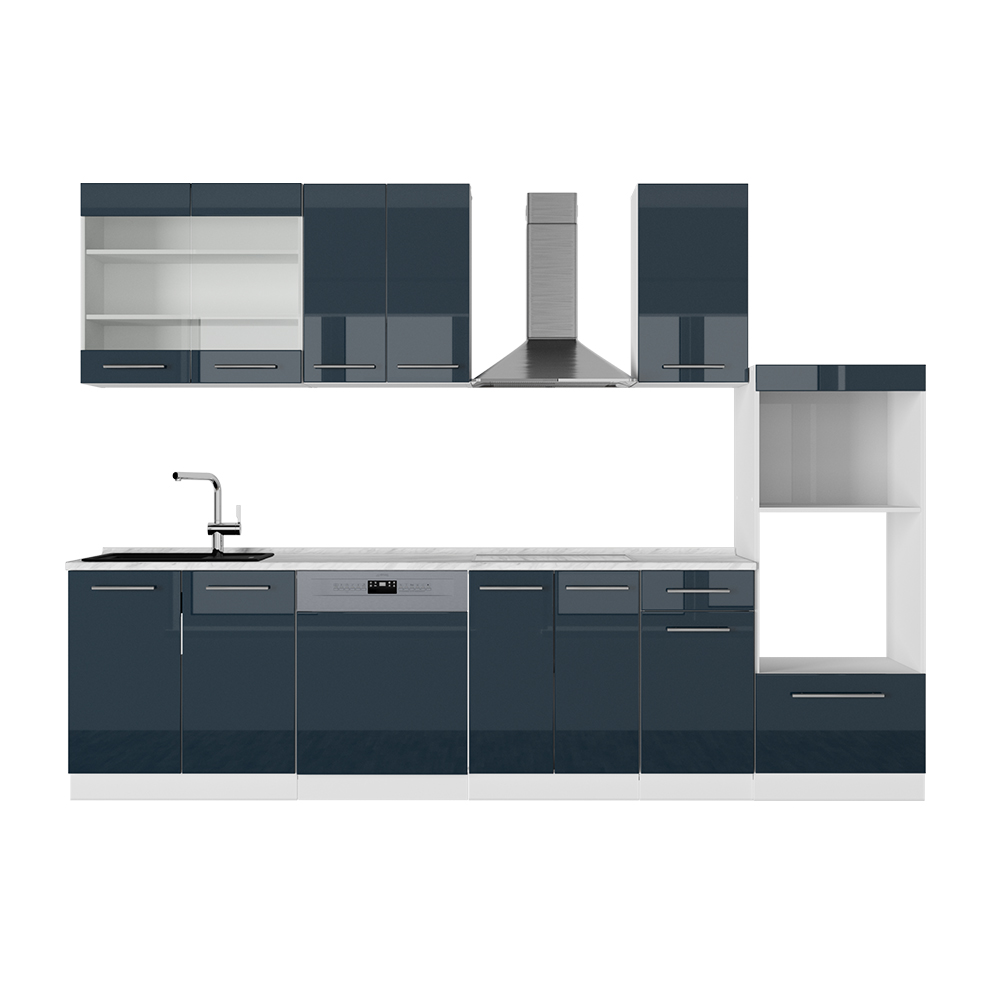 foto del prodotto vicco mobile da cucina blu scuro lucido bianco 300 cm con armadio alto, senza piano di lavoro