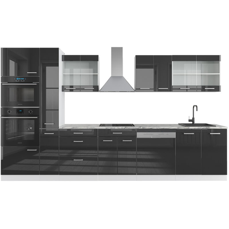 foto del prodotto vicco mobile da cucina r line, antracite lucido bianco, 350 cm con armadio alto, pl marmo