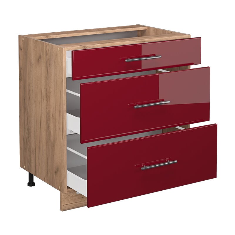 foto del prodotto vicco mobiletto base per cucina fame line, rosso bordeaux lucido, 80 cm con 3 cassetti, senza piano di lavoro