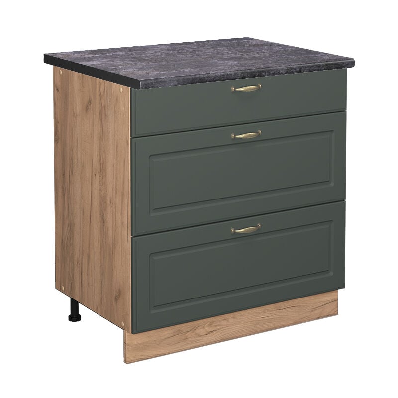 foto del prodotto vicco mobiletto base per cucina fame line, verde oro country house, 80 cm con 3 cassetti, pl antracite