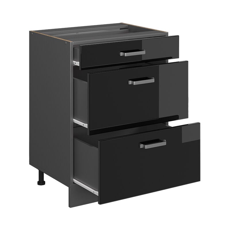 foto del prodotto vicco mobiletto base per cucina r line, nero lucido, 60 cm con cassetti, senza piano di lavoro