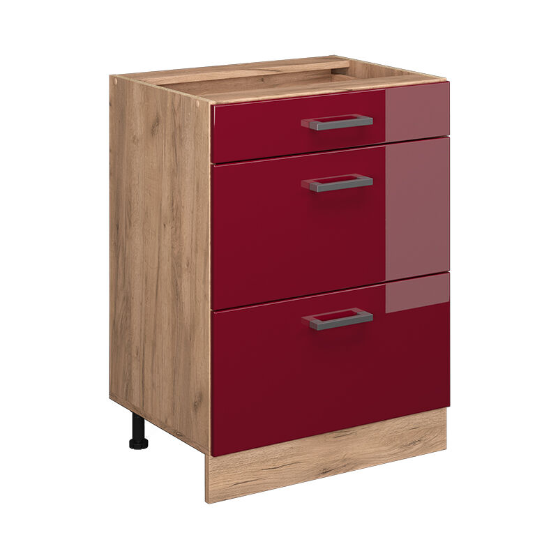 foto del prodotto vicco mobiletto base per cucina rosso bordeaux lucido 60 cm con cassetti, senza piano di lavoro