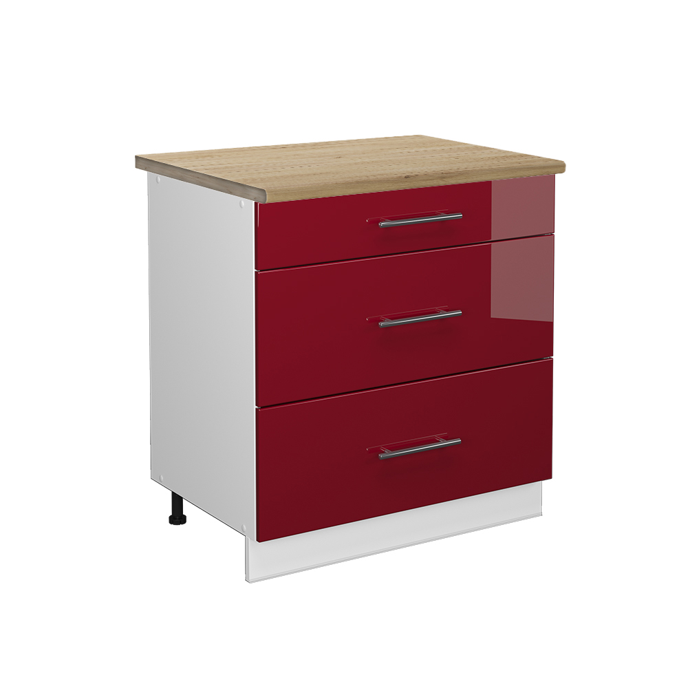 foto del prodotto vicco mobiletto base per cucina rosso bordeaux lucido 80 cm con 3 cassetti, pl rovere