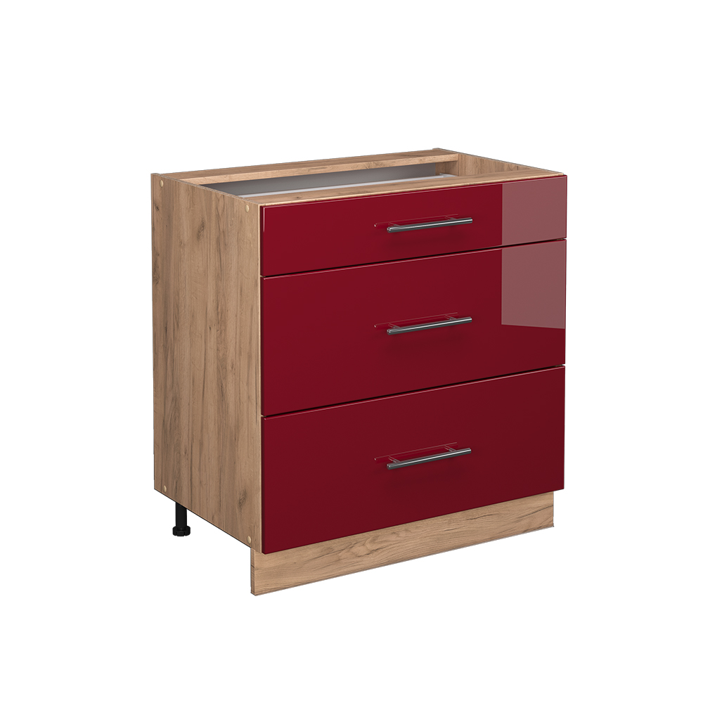 foto del prodotto vicco mobiletto base per cucina rosso bordeaux lucido 80 cm con 3 cassetti, senza piano di lavoro