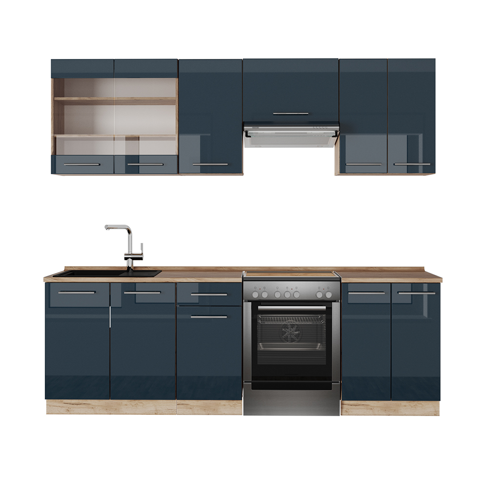 foto del prodotto vicco mobili da cucina blu scuro lucido rovere dorato 240 cm senza piano di lavoro