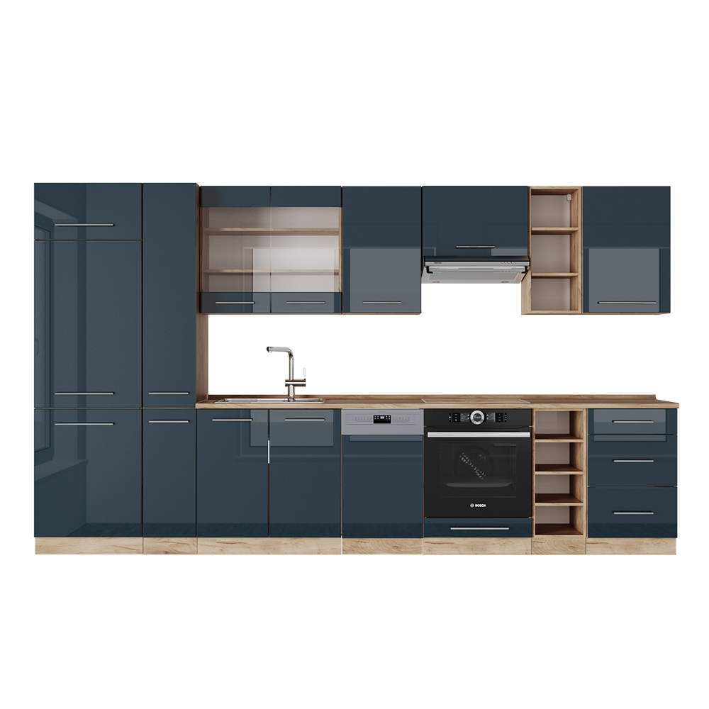 foto del prodotto vicco mobili da cucina blu scuro lucido rovere dorato 355 cm senza piano di lavoro