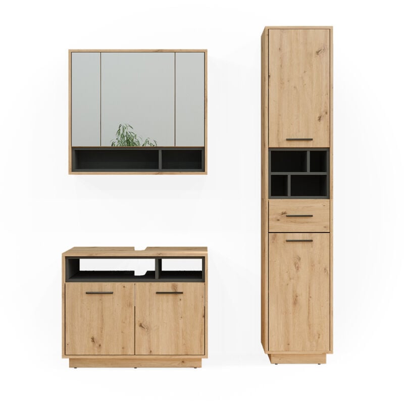 foto del prodotto vicco set di mobili da bagno beatrice, rovere artigianale, 3 parti, con colonna