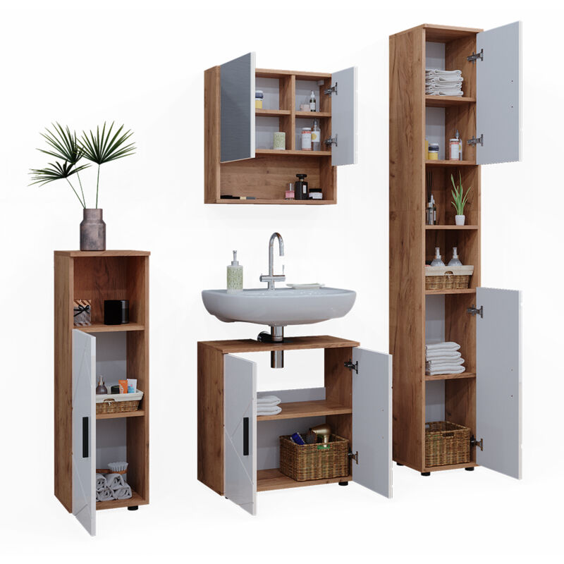 foto del prodotto vicco set di mobili da bagno irma, bianco lucido oro power oak, 4 parti, con armadio alto