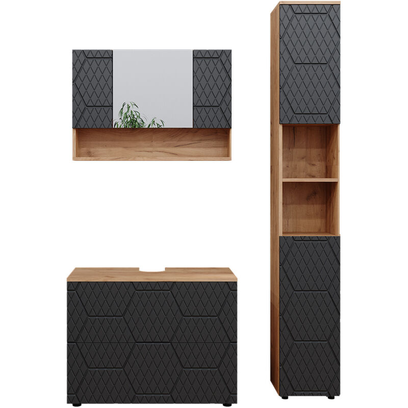 foto del prodotto vicco set mobili bagno irma, antracite a righe, 3 pezzi, con mobile a specchio 80 cm