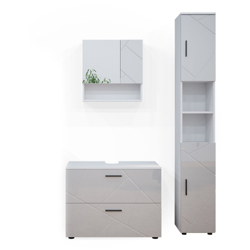 foto del prodotto vicco set mobili bagno irma, bianco lucido, 3 parti, con cassettiera e colonna